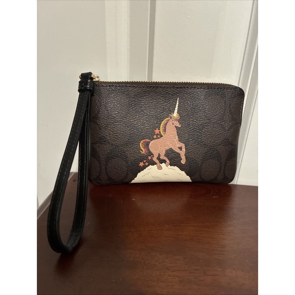 Coach Unicorn Fantasy Signature Wallet Wristlet Leather Brown